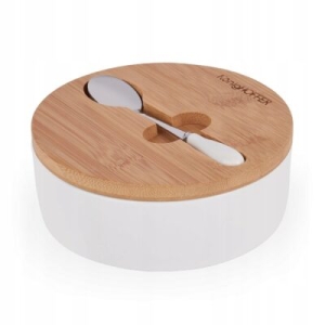 Porcelanowa cukiernica z pokrywą bambusową biała+ łyżeczka